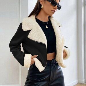Black And White Preppy Womens Teddy Lined Open Front Suedette Moto Jacket
